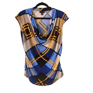 Worthington women's top, size XL, blue, gold, tan, cowl neck, side ruching.